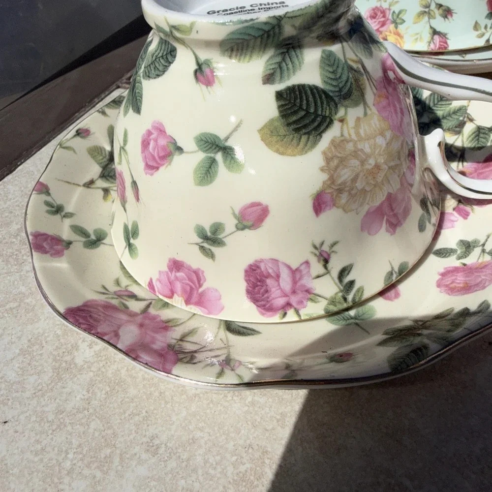 Gracie Tea Set By Coastline Imports Roses Colorful Vintage 9 Piece Lot Gold Rim